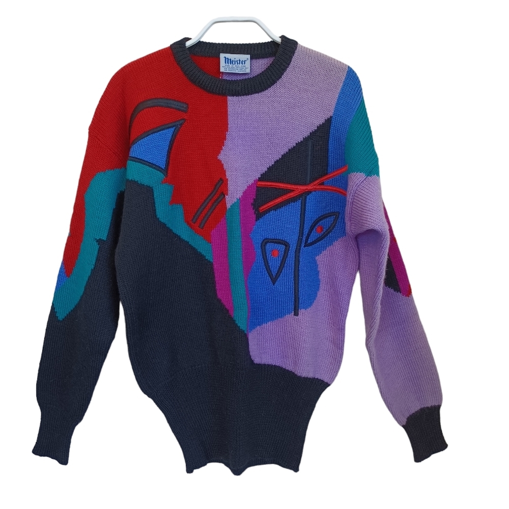 Meister Vintage 100% Wool Abstract Geometric Colorblock Intarsia Sweater‎ Womens